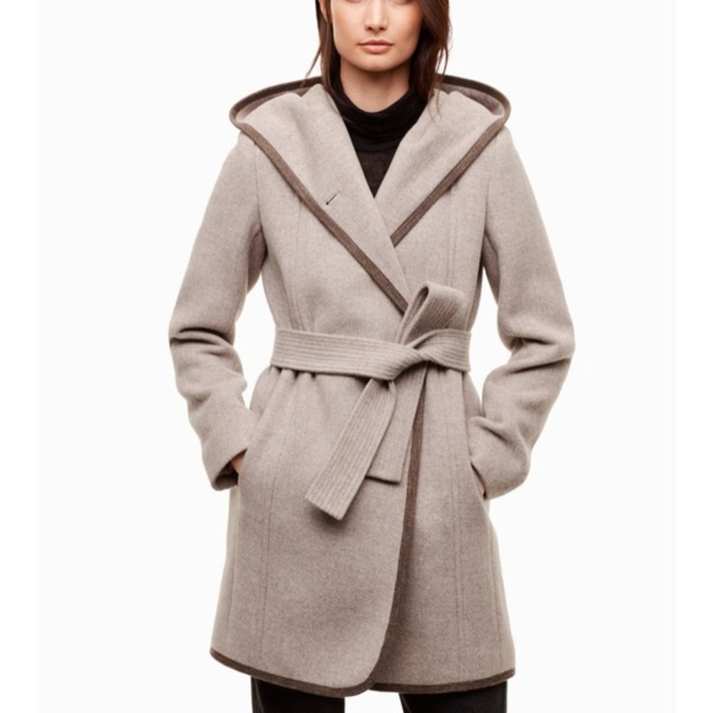 Aritzia Taupe Hooded Wool-Blend Wrap Coat with Contrast Trim